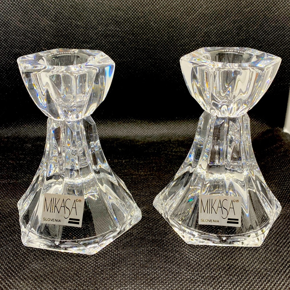 Pair of Mikasa Crystal Candle Sticks, never used.